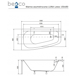 Polska wanna narożna akrylowa Luna 150x80 lewa z obudową akrylową Piramida Besco PMD
